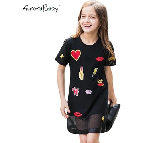 Kids Dresses for Girl Summer Little Girls Dresses Black Appliques Clothing for Girls 6 7 8 9 10 11 12 13 14 Years Old Clothes