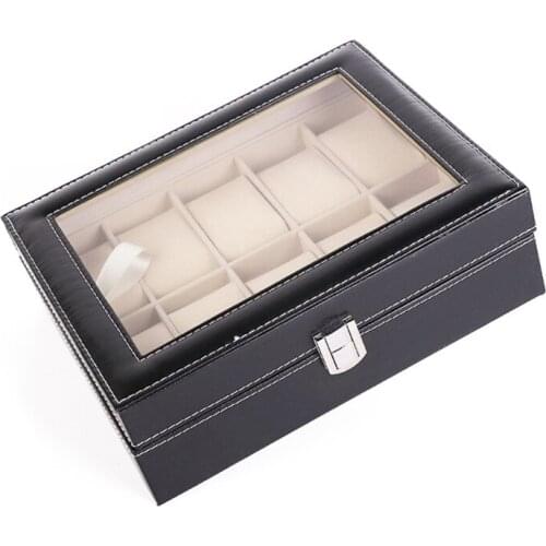 10 Grids Watch Box PU Leather Watches Display Case Jewelry Holder Storage Organizer with Lock for Women Men Gifts