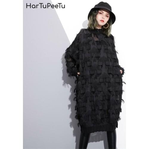 Oversize Summer Midi Dress 2020 Women Lace Tassel Dresses Long Sleeve Geometric Starts 1/2 Turtleneck Side Split Vestidos Mujer
