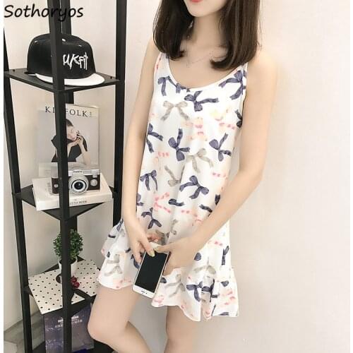 Nightgowns Female Spaghetti Strap Summer Printed Ruffles Korean Style Lovely Simple Slim Elegant Breathable Thin Fashion Ladies