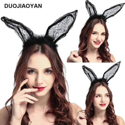 DUOJIAOYAN Sexy Costume Party Headwear Lace Animals Fur Hair Band Accessory Rabbit Ears Headband Bunny Girls Plush Hair Hoop