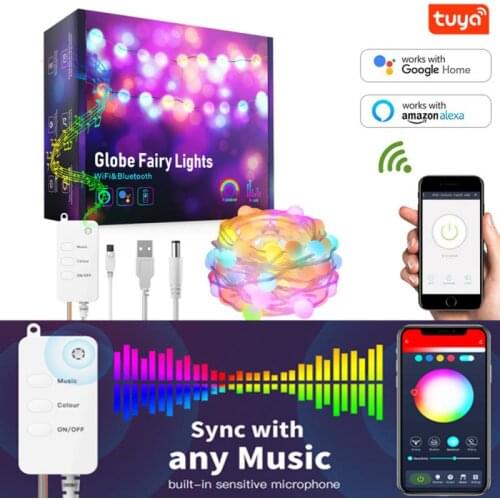 10m Tuya App Smart WiFi LED Globe Fairy Lights RGB Strip Light Smart WaterProof LED Light Strip Christmas Decoration Tree Lamp