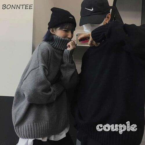 Turtelneck Sweater Women Chic Ulzzang Spring Winter Femme Jumpers Solid Black Loose Knitted Preppy All-match Casual Couple New