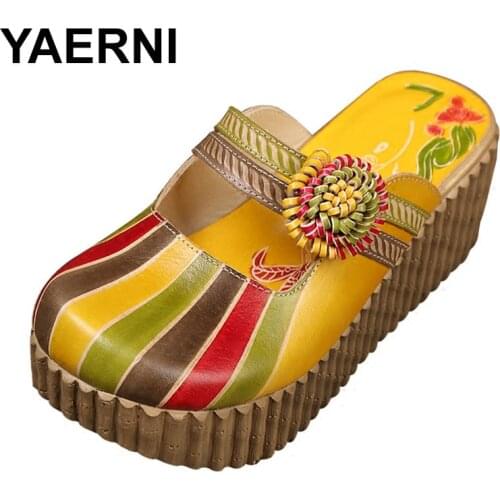 YAERNI Summer Shoes Women Wedge Slides Cover Handmade Toes Flower Thick Heels Genuine Leather Lady Platform Slippers