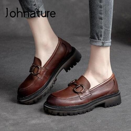 Johnature Pumps Women Shoes Genuine Leather Retro Casual 2021 New Autumn Round Toe Handmade Concise Sewing Leisure Ladies Shoes