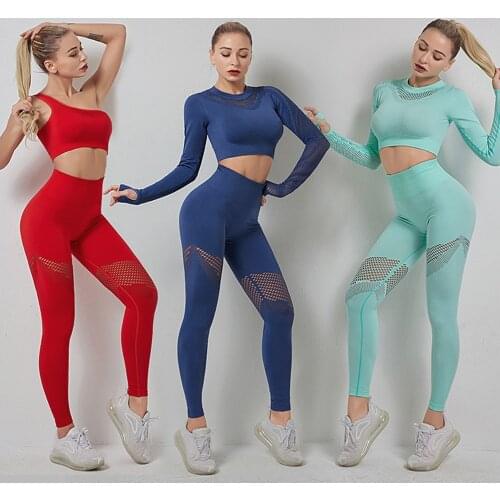 Women Yoga Set Fitness Suit Hollow Out Sport Bra Long Sleeve Crop Top Seamless Leggings Sportswear Gym Sets Workout Clothes