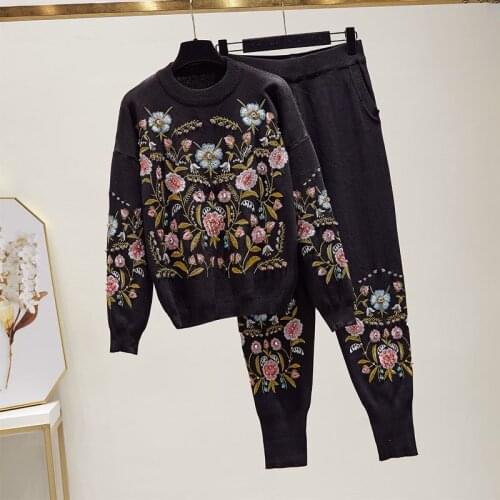 Women Black Casual Knitted 2Pc Sets Fashion Flowers Embroidery Pullover Sweater Long Pencil Pants Female Knit Tracksuit Outfits