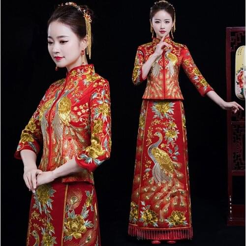 Red Embroidered peacock peony Cheongsam wedding dress Chinese Women Vestido Oriental elegant long Qi Pao Noble Party Show