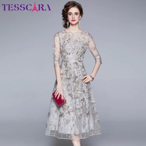 TESSCARA Women Luxury Embroidery Mesh Dress Festa High Quality Long Elegant Wedding Party Robe Femme Lace Designer Vestidos