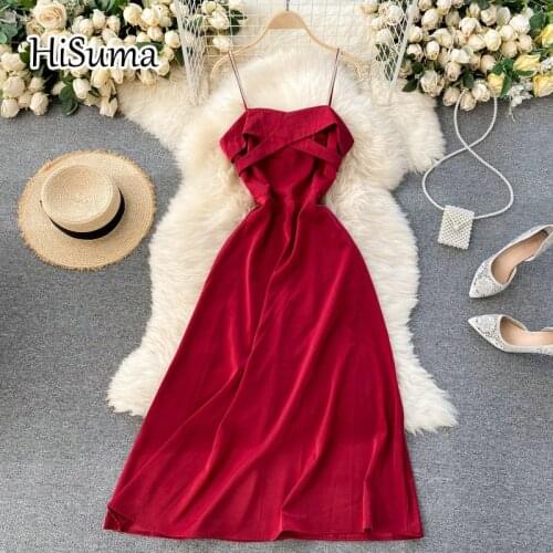 2021 spring summer new womens Cross strap Backless waist chiffon A-line dress female sling Chic elegant satin party dresses