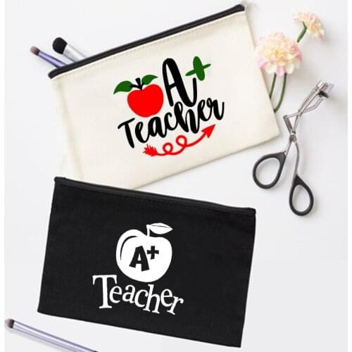 A+ Teacher Print Women Cosmetic Bags Canvas Make Up Storage Pouch Toiletry Package Travel Makeup Case Organizer Purse Best Gifts