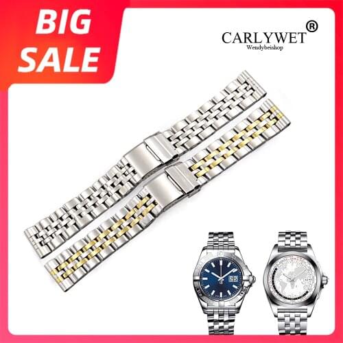 CARLYWET 22 24mm Top Quality Luxury Silver Two Tone Gold Stainless Steel Wrist Strap Watch Belt Watch Band Strap For Breitling