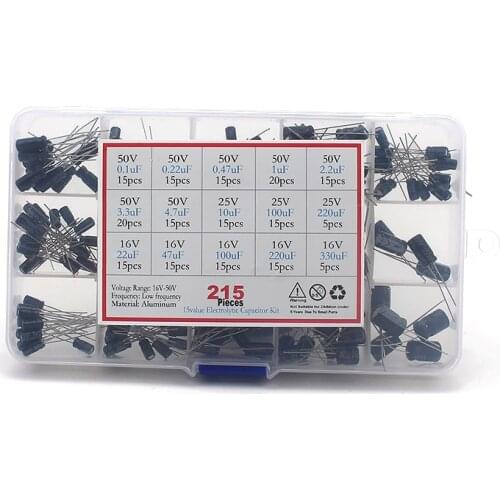 Electrolytic Capacitor kit 15 Values 0.1uF-330uF 16V 25V 50V Capacitors Assortment Kit with Box 215Pcs
