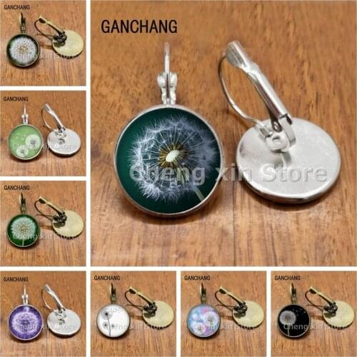 Round glass cabochon dandelion pattern earrings, jewelry discovery of handmade earrings