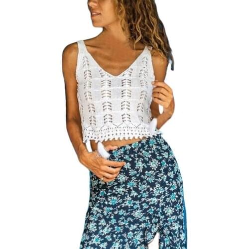 Womens Fashion Pure Color Tank Tops Summer Boho Suspender Hollow Knitted Suspender Vest