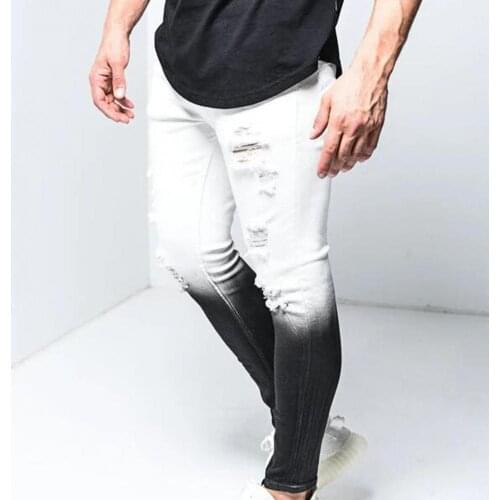 Men Ripped Hole Gradient Color Slim Long Trousers Zipper Cuff Multi Pockets Fashion Skinny Jeans Casual Pants штаны мужские
