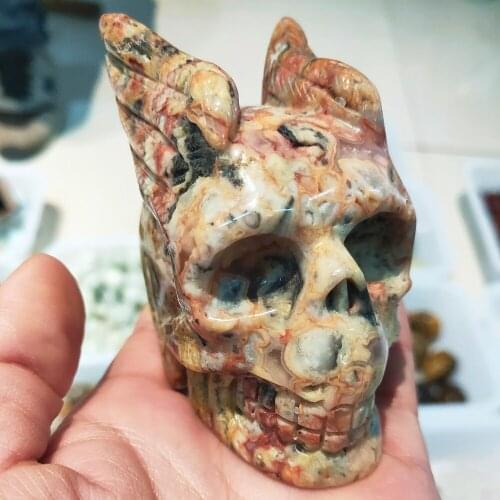 New Crysstal Skull Natural Phoenix agate quartz skull Carving Gemstone skull with wings Furnishing Figurine Reki Healing