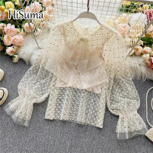 2020 autumn new female peter pan collar sequins bow gauze fairy shirt womens chic lace blouses women two piece set shirts