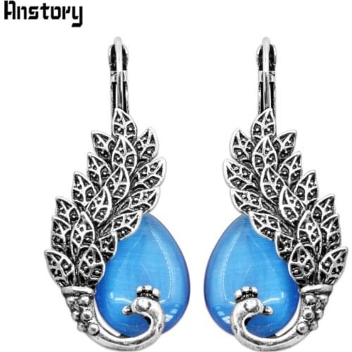 Drop Transparent Opal Peacock Earrings For Women Antique Silver Plated Vintage Look Personality Cuff Fashion Jewelry