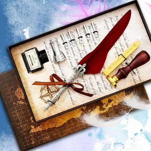Retro Vintage Fountain Pen Set Calligraphy Feather Writing Dip Pen with Empty Ink Bottle Nib Seal Stamp Wax DIYBirthday Gift Box