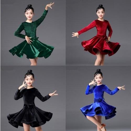 Latin Dress for Girls Team Stage Performance Full Sleeve Slim Cha Cha Solid Color Velvet Autumn Winter Costumes Competition 2021