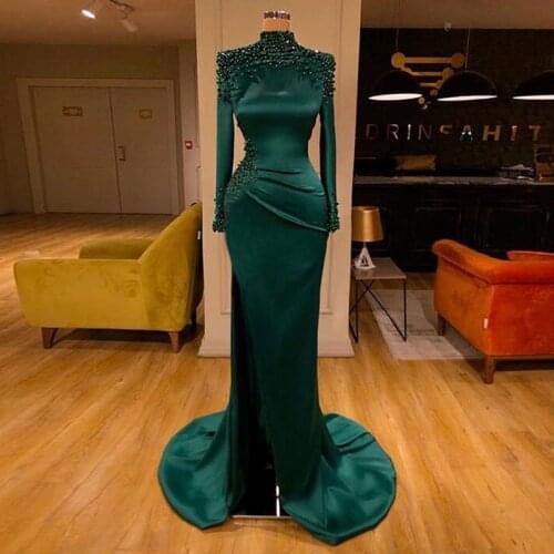 Eightale Muslim Evening Dress High Neck Beaded Long Sleeve Mermaid Prom Dress Side Split Formal Party dress 2020 robe de soiree