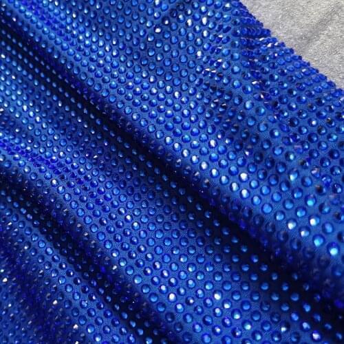 Crystal fabric Embellished Hot Fix Diamond Sapphire Blue Planet Rhinestone Stretchy Strass Dance Fabric Spandex Stretch Elastic