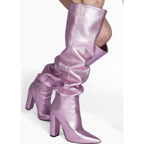 Drop Shipping Woman Black Yellow Red Leather Pleated Knee High Boots Pointed Toe 11 cm Chunky Heels Slip On Tube Long Boots Lady