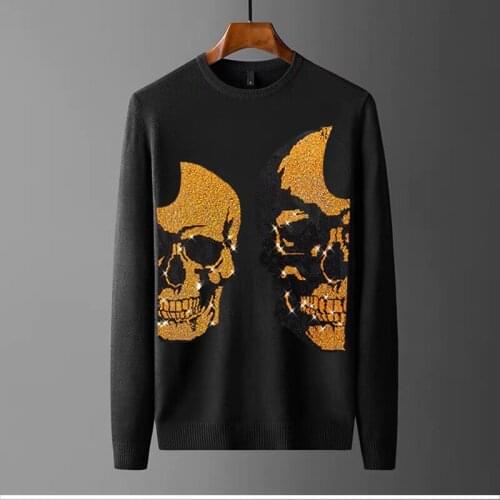 Super Heavy Craft Rhinestone Personality Mens Sweater 3D Stereo Skull Shiny Pattern Pullover Brand Design Keep Warm