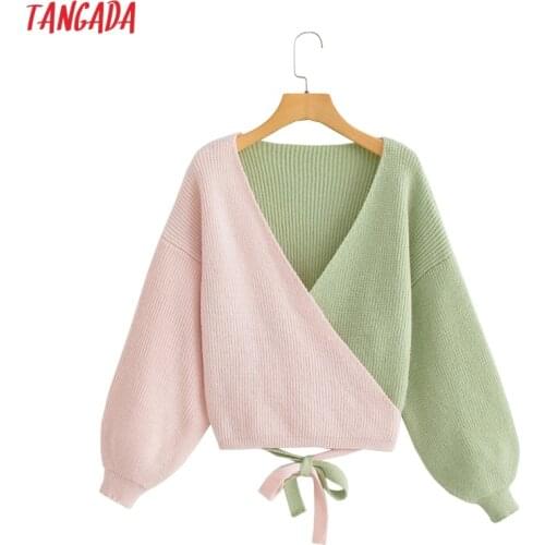 Tangada 2021 Autumn Winter Women Green Pink Patchwork Crop Knitted Cardigan Sweater Jumper Long Sleeve Female Outerwear BC30
