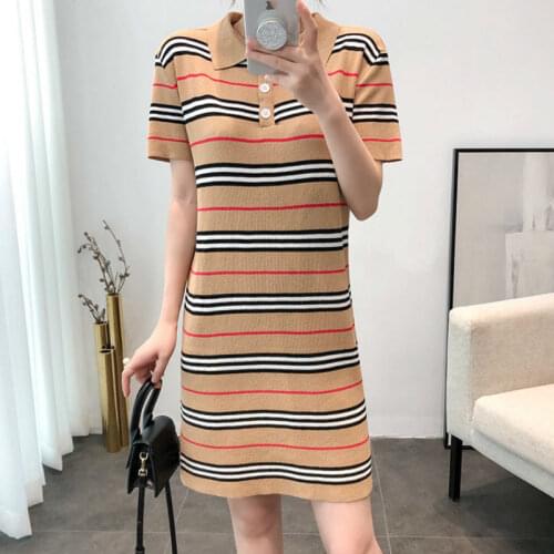 Stripe Polo Dress Elegant Women Clothes Summer 2021 Vintage Midi Dresses Woman Casual Loose Short Sleeve Knitted Vestidos