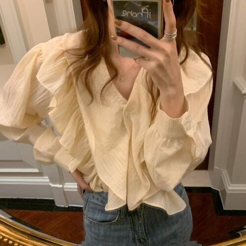 Alien Kitty Apricot Ruffles Hot Retro Gentle Solid Femme 2021 V-Neck Chic Elegance Shirts Vintage Streetwear Office Lady Tops