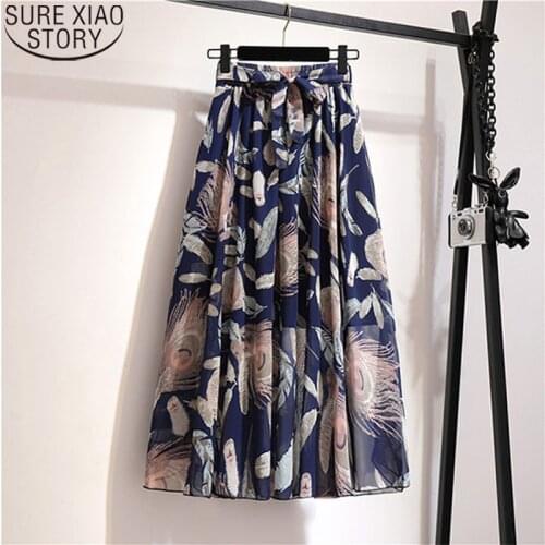 2021 Spring Summer Long Skirt for Women Ladies Korean White Black 8 Colors Print Chiffon Pleated High Waist Maxi Skirt 9830