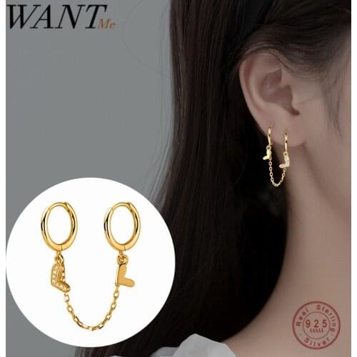 WANTME 925 Sterling Silver Unique Love Heart Chain Charm Earrings for Women 2021 Fashion Bohemian Fine Party Ear Buckle Jewelry