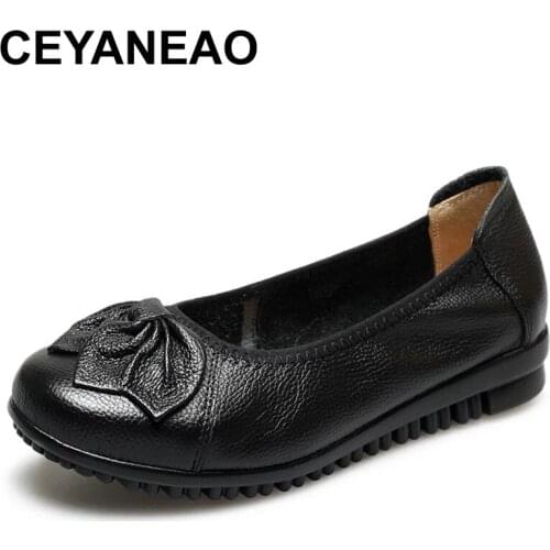 CEYANEAO 2021 Summer Real Leather Flat Shoes Women Slip-On Bowknot Soft Bottom Comfortable Low Heel Genuine Leather Female Shoes