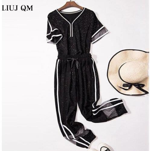 2021 Plus Size 5XL Summer 2 Piece Set Women Mesh Stitching Two Piece Set Women Loose Casual V-neck Top +Long Pant Tracksuit