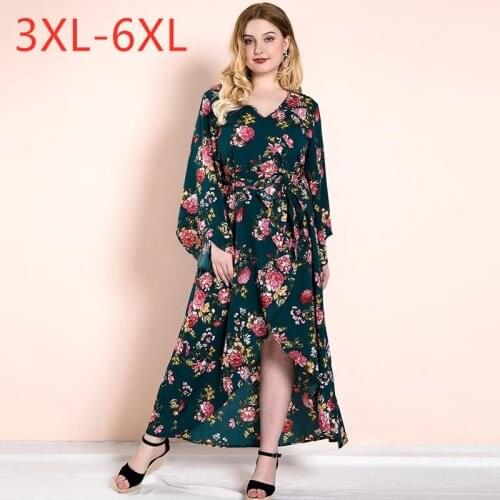 New spring autumn plus size long dress for women large long sleeve loose casual green floral flower dress belt 4XL 5XL 6XL 7XL