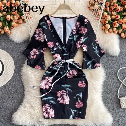 2021 New Summer Women Fashion V-neck flare sleeve Dress high waist pleated bandage waist print short wrap Dress