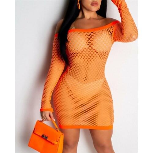 Bikini Cover Hollow Sheer Mesh Dress Women Long Sleeve Off Shoulder Summer Beachwear Pool Party Sexy Dress