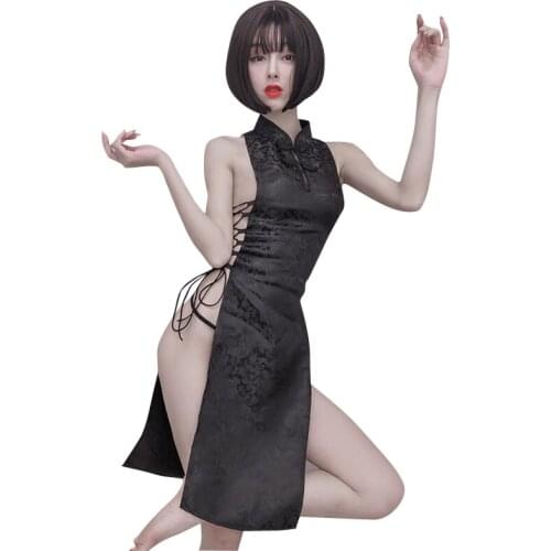 Ladies Sexy High Split Dress Hollow Out Hot Porn Cheongsam Lingerie With Drawstring Adjustable Long Satin Dresses Sexy Bottom