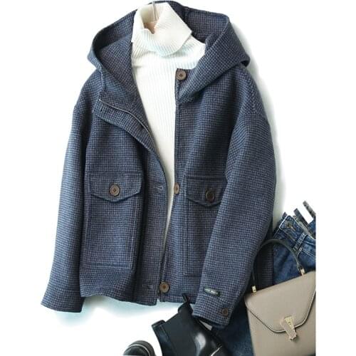 2021 Hooded Woolen Coat Womens Double Faced Korean Coats Women Handmade Plaid Woolen Coat Womens Fall / Winter