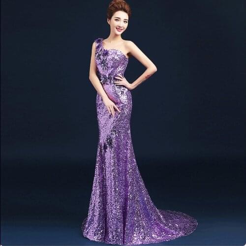 Purple Sexy Mermaid One-shoulder Sequined Vestido De Fiest Evening Dress Costume Sexy Banquet Prom Dresses Women A042