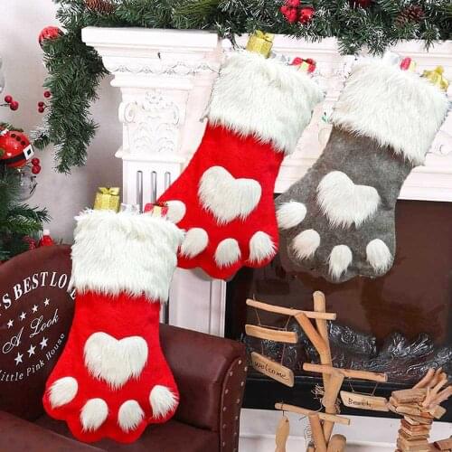 1pcs Christmas Stocking Home Decoration Accessories Plaid Christmas Gift Bags Pet Dog Cat Paw Stocking Socks Xmas Tree Ornaments