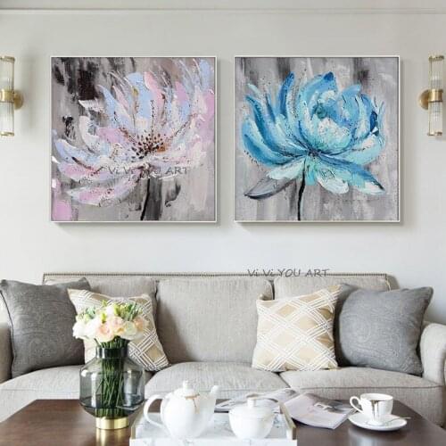 100% Large Abstract Blue Pink Floral Thick Oil Paintings On Canvas Handmade Modern Art Decoration Unframed Wall Pictures
