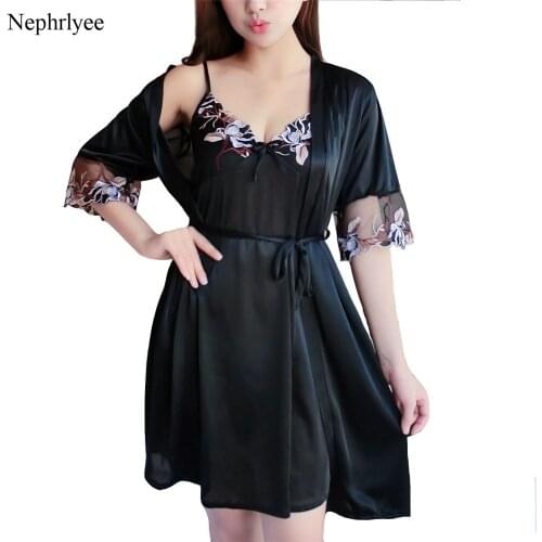 2021 Summer 2PC Silk Robe Sleep Suit Womens Lace Satin Pajamas Gown Set V-Neck Cami Pijama Home Nightwear New Nightdress SLP170