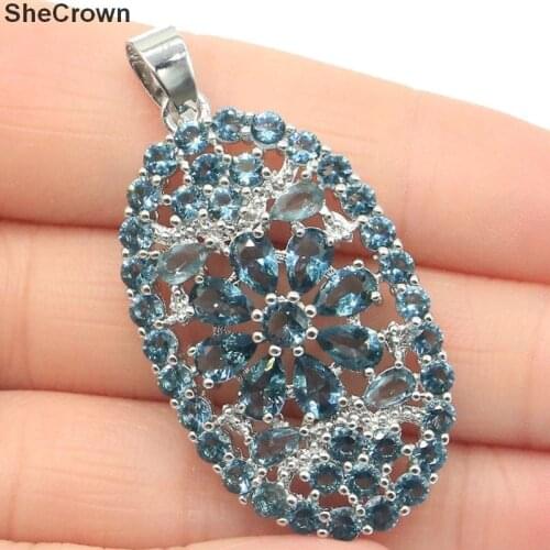 48x24mm Classic Long Big Created London Blue Topaz White CZ Gift For Womans Silver Pendant