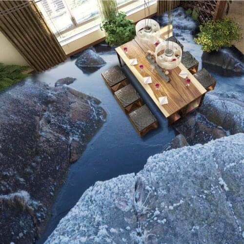 Free Shipping HD stone flowing water 3D living room bathroom floor bedroom self-adhesive non-slip kitchen square flooring mural