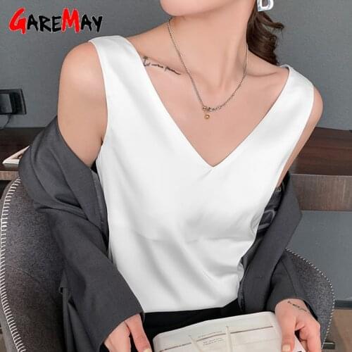 GareMay Womens Blouses 2021 Summer Casual V Neck Basic Satin Top Loose Plus Size White Silk Blouses for Women Sleeveless Vest