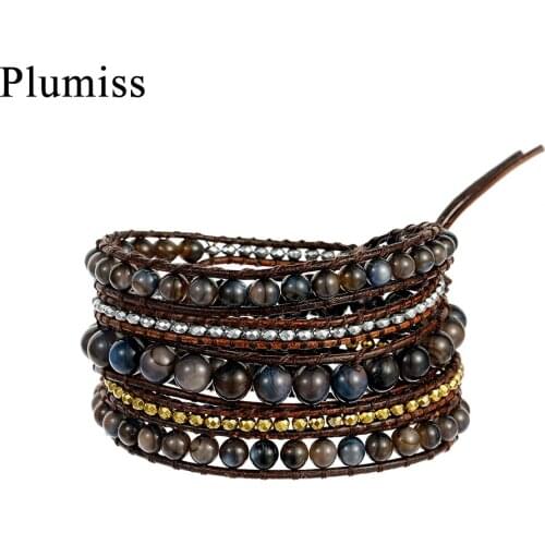 Boho Shell Beads Leather Wrap Bracelets for Women Geometric Hematite 5 Times Strand Bracelet Handmade Jewelry Dropshipping