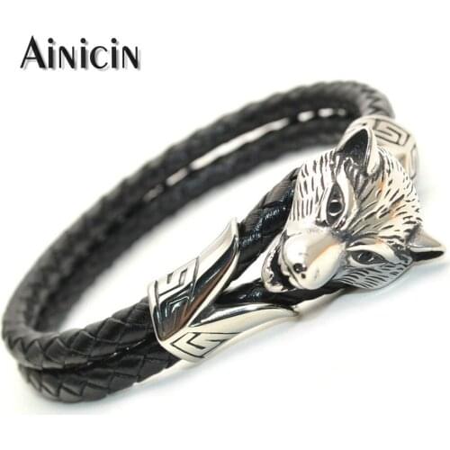 Fashion Wild Jewelry 316L Stainless Steel Lifelike Wolf Head Bracelets Double Rows Genuine Leather 8'' Mens Hologram Bangles